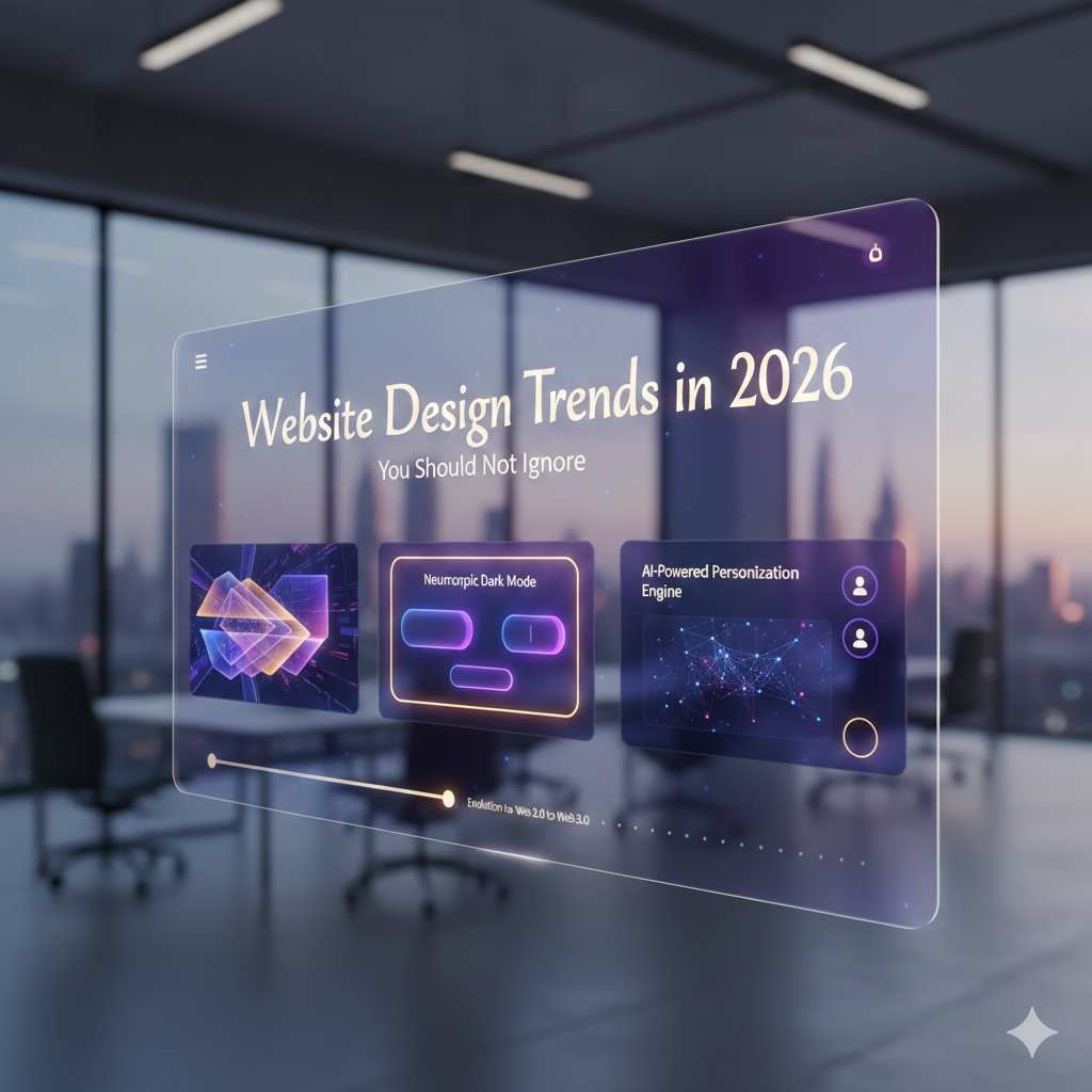 A futuristic glass user interface floating in a modern office, displaying 2026 web design trends: Dynamic 3D Interfaces, Neumorphic Dark Mode, and AI-Powered Personalization.